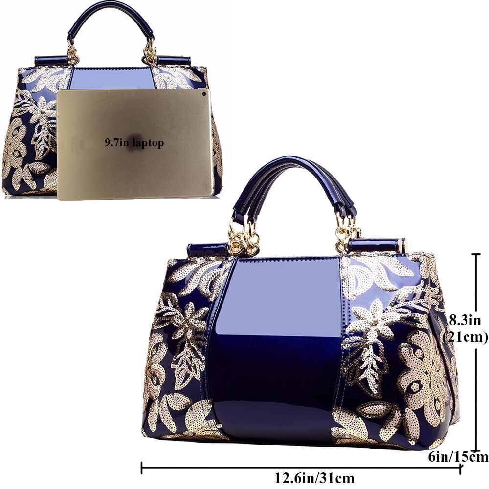 6810 Red Patent Leather Satchel Handbag - Sequined Embroidery, Top Handle & - Picture 5 of 6